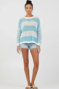 Shop Tropical Turquoise Striped Netted Crewneck All Tops|Sweatshirts