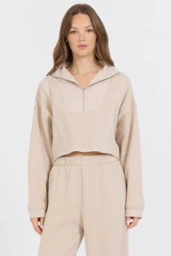 Sale Vanilla Cream Cotton Blend Fleece Quarter Zip Rib Neck All Tops