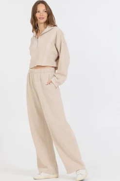 Sale Vanilla Cream Cotton Blend Fleece Quarter Zip Rib Neck All Tops