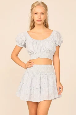 New VH X OD - Chambray Blue W/ Ivory Eyelet Smocked Crop Top All Tops