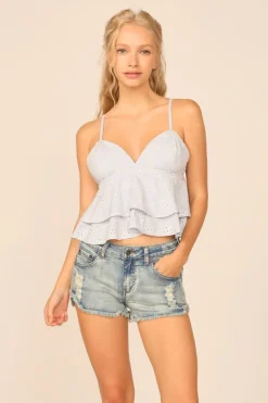 Online VH X OD - Chambray Blue W/ Ivory Eyelet Ruffle Tank Top All Tops|Tanks