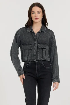 Hot Washed Black Cropped Pocket Detail Shirt All Tops