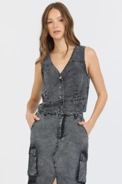 Shop Washed Black Twill Button Front Vest Top All Tops