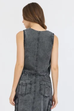 Shop Washed Black Twill Button Front Vest Top All Tops