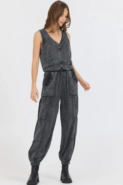 Shop Washed Black Twill Button Front Vest Top All Tops