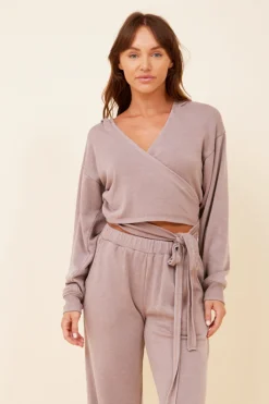 Cheap Washed Cobblestone Lightweight Fleece Surplice Hoodie All Tops|Hoodies