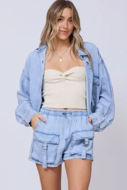 Fashion Washed Denim Tencel Cropped Button Up All Tops