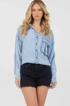 Fashion Washed Denim Tencel Cropped Button Up All Tops