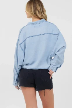 Fashion Washed Denim Tencel Cropped Button Up All Tops