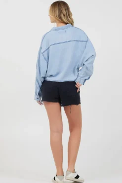 Fashion Washed Denim Tencel Cropped Button Up All Tops