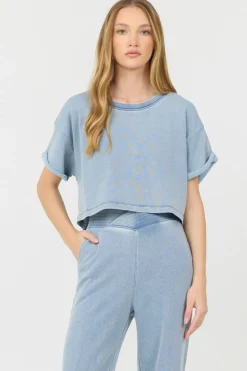 Sale Washed Denim Terry Fleece Cropped Shirt All Tops