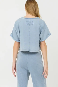 Sale Washed Denim Terry Fleece Cropped Shirt All Tops