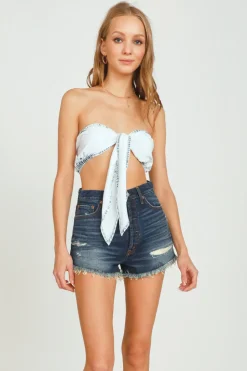 Fashion Washed Denim Tie Front Bandeau Top All Tops