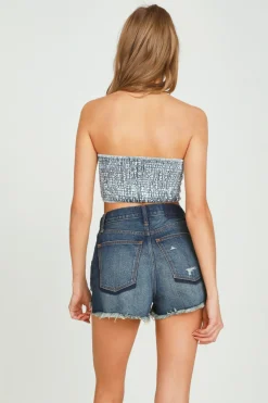 Fashion Washed Denim Tie Front Bandeau Top All Tops