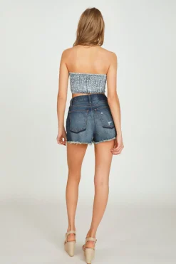 Fashion Washed Denim Tie Front Bandeau Top All Tops