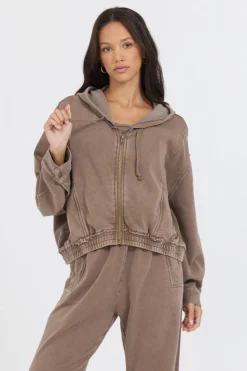 Store Washed Mocha Garment Dye French Terry Zip Up Hoodie All Tops|Hoodies