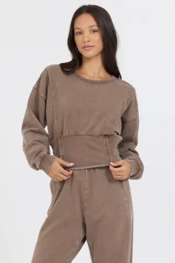 Hot Washed Mocha Garment Dye French Terry Corset Crew All Tops