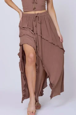 Best Sale Washed Mocha Rayon Crinkle Ruffle Maxi Skirt All Bottoms