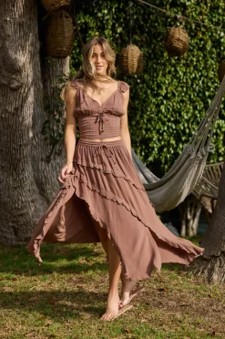 Best Sale Washed Mocha Rayon Crinkle Ruffle Maxi Skirt All Bottoms