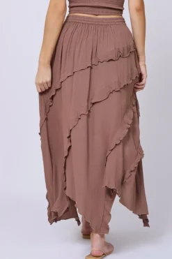 Best Sale Washed Mocha Rayon Crinkle Ruffle Maxi Skirt All Bottoms