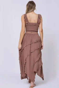 Best Sale Washed Mocha Rayon Crinkle Ruffle Maxi Skirt All Bottoms