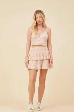 Cheap Washed Nude Gauze Eyelet Embroidered Skirt All Bottoms