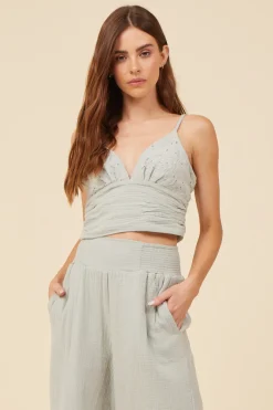 Clearance Washed Sage Gauze Eyelet Embroidered Cropped Tank All Tops|Tanks