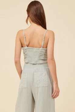 Clearance Washed Sage Gauze Eyelet Embroidered Cropped Tank All Tops|Tanks