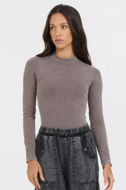 Store Washed Taupe Seamless Mock Neck Top All Tops