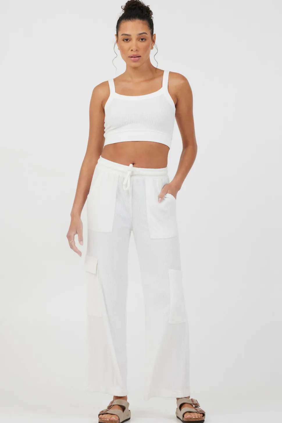 Fashion White Cord Terry Cargo Pants All Bottoms
